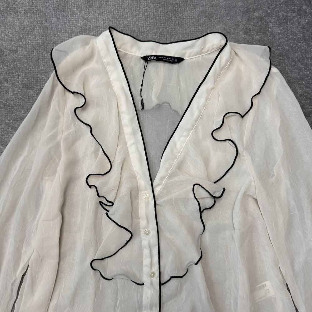Zara Shirt Womens Medium Cream Sheer Ruffle Button Front Long Sleeve V Neck - Picture 2 of 7